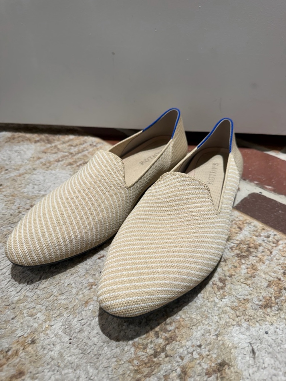 Rothy’s Slip-On Loafers in Beige with Blue Trim